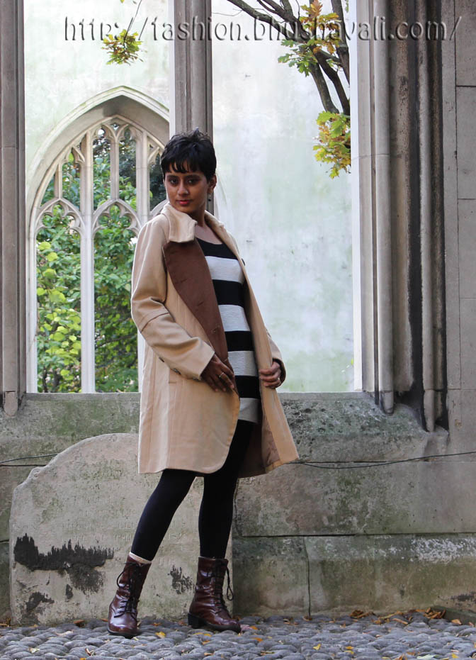 Black and white dress with brown boots cheap